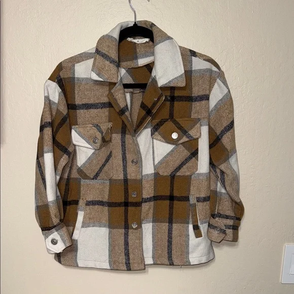 Goodnight Macaroon Plaid Shacket Jacket Women's XS Brown White Black Button Down - Picture 4 of 4